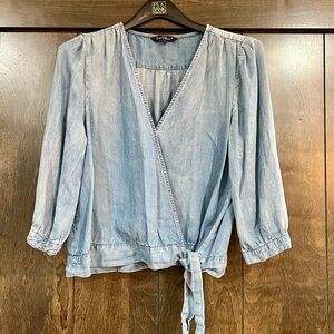 Velvet Heart Blue Puff Sleeve Wrap Blouse